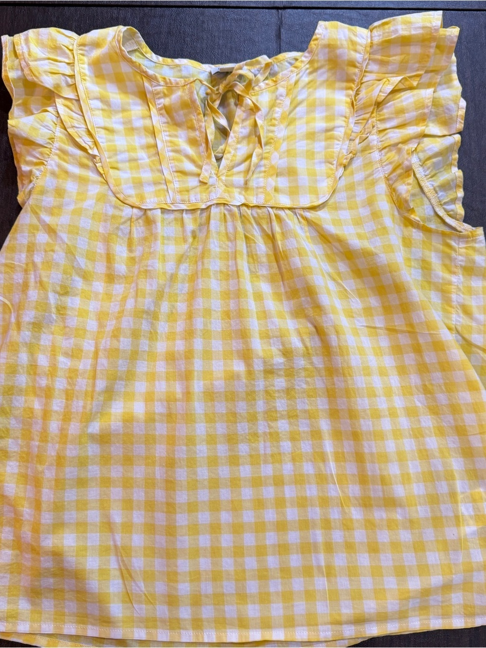 J.Crew Yellow Gingham Ruffle Sleeve Tie-Neck Top Sz M